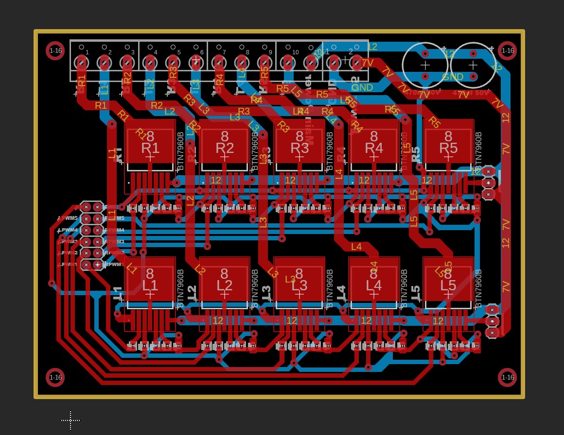PCB layout of a five-channel BTS7960 motor driver board