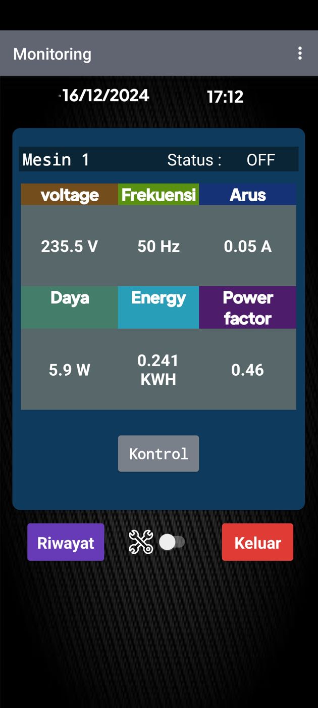 App screen with live electrical readings